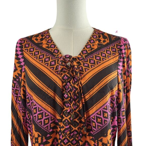 Hale Bob X-Small Multi Color Print All Viscose Blouse Long Sleeves Tie Placard - Picture 6 of 16